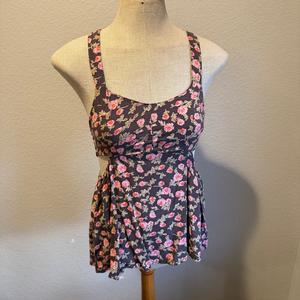 Kirra Floral Tank Top Brown Pink Sleeveless Racerback Casual Summer‎ (M) Fits XS